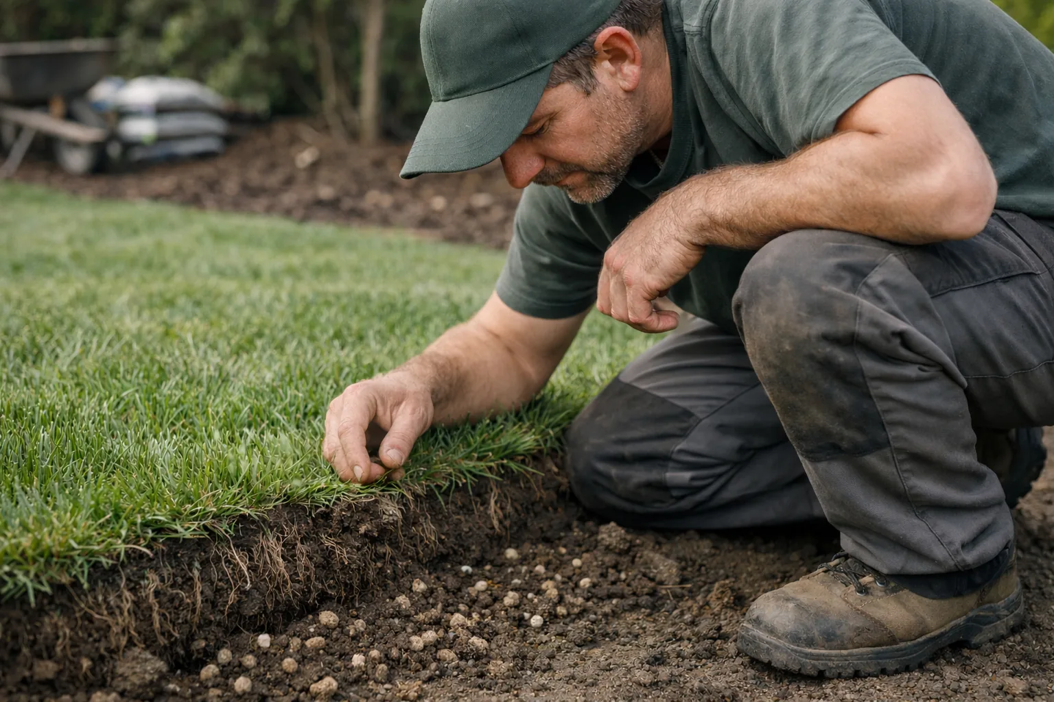 Professionnel examinant les racines d'un gazon pour illustrer l'effet des améliorateurs de sol sur la santé racinaire