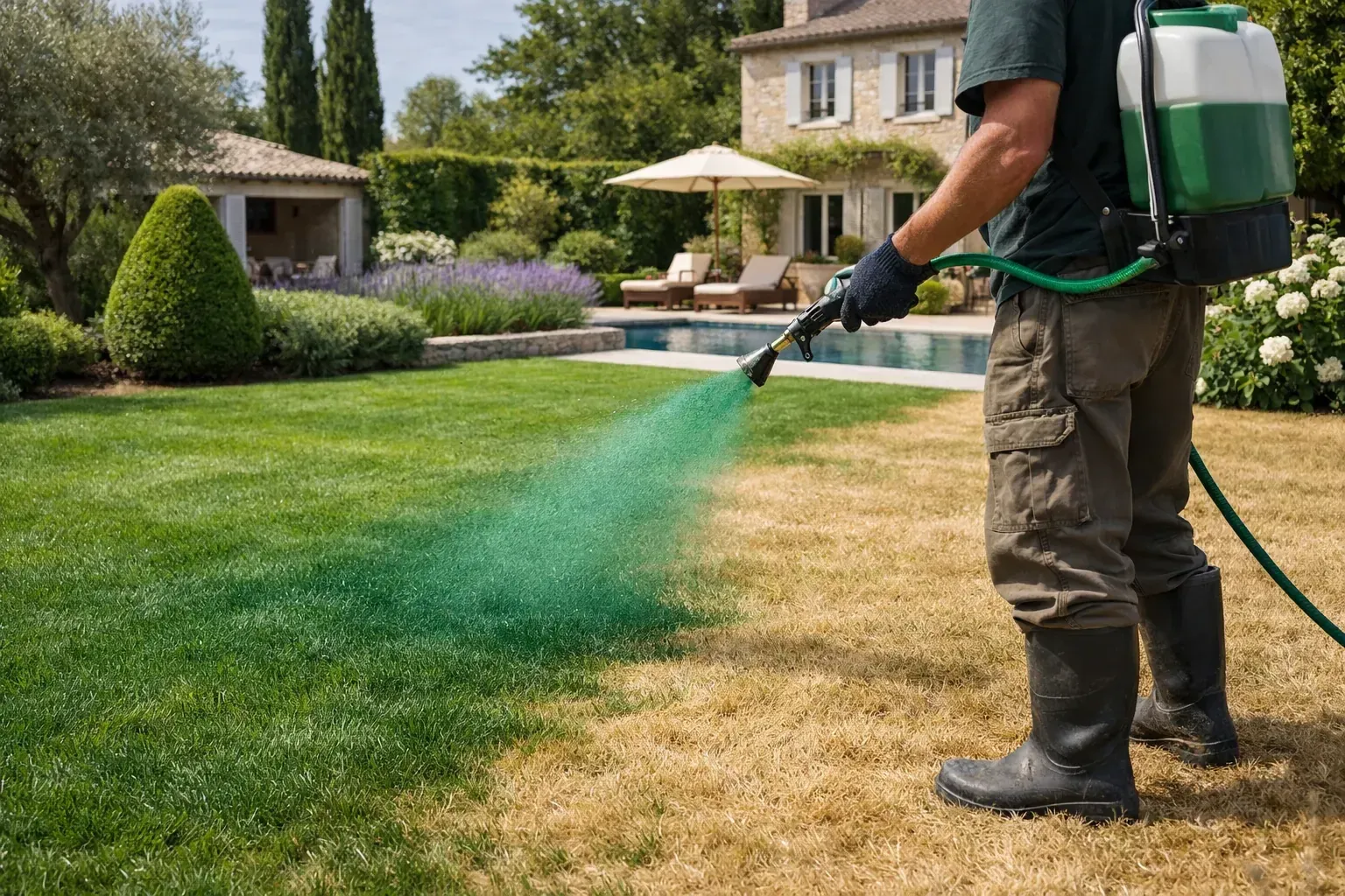 Pulvérisation d'une peinture verte sur une pelouse jaunie