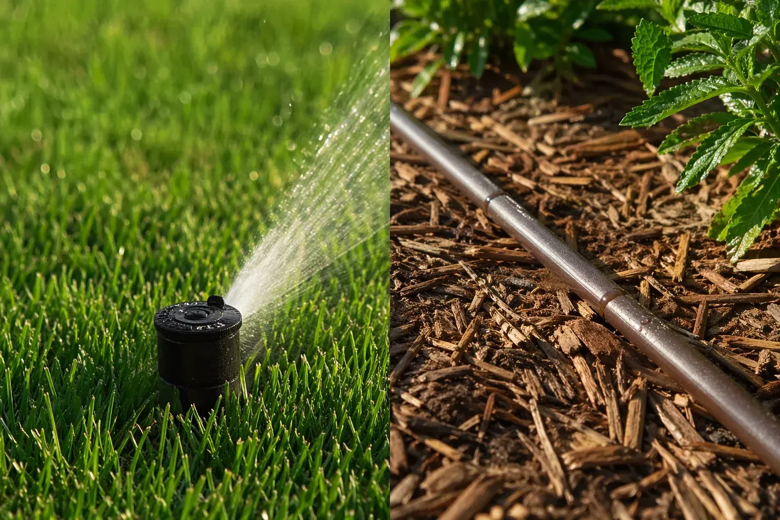Schéma comparatif d'un arrosage enterré et d'un goutte-à-goutte de surface