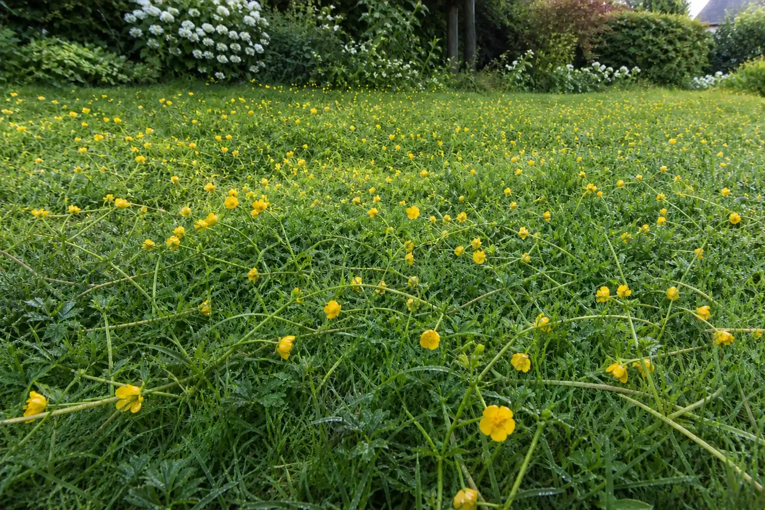 Tapis de boutons d'or fleuris dans une pelouse humide avec stolons rampants visibles entre les graminées