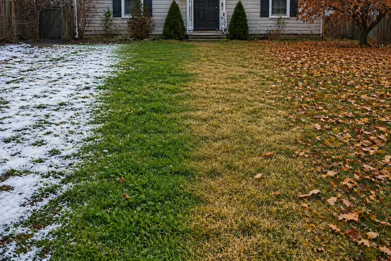 Pelouse de jardin avec calendrier annuel des opérations d'entretien superposé en transparence sur les saisons