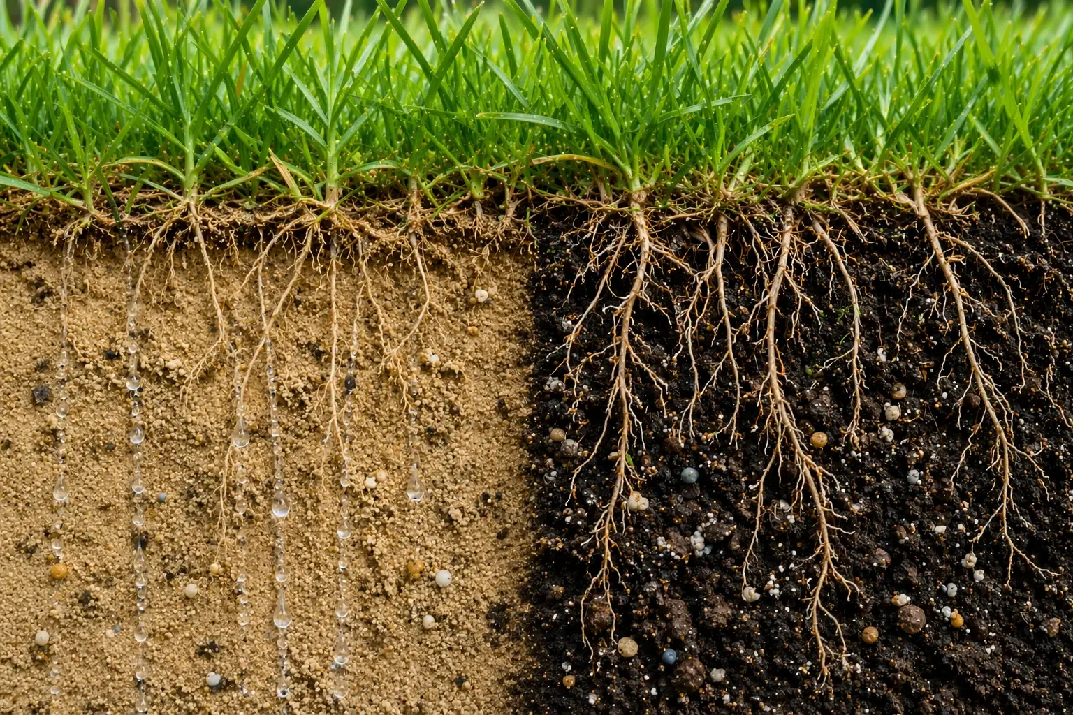 Coupe de sol avec racines de pelouse et particules d'argile et d'humus illustrant la capacité d'échange cationique