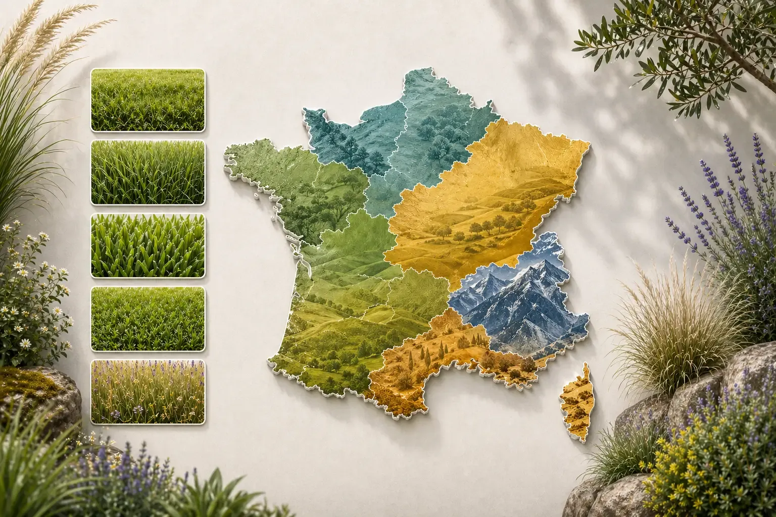 Carte de France illustrée avec zones climatiques et exemples d'espèces de gazon
