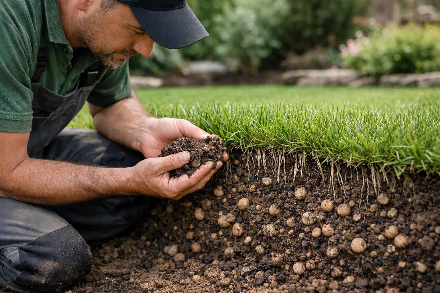 Examen de la structure du sol pour illustrer les avantages de la céramique poreuse sur la pelouse