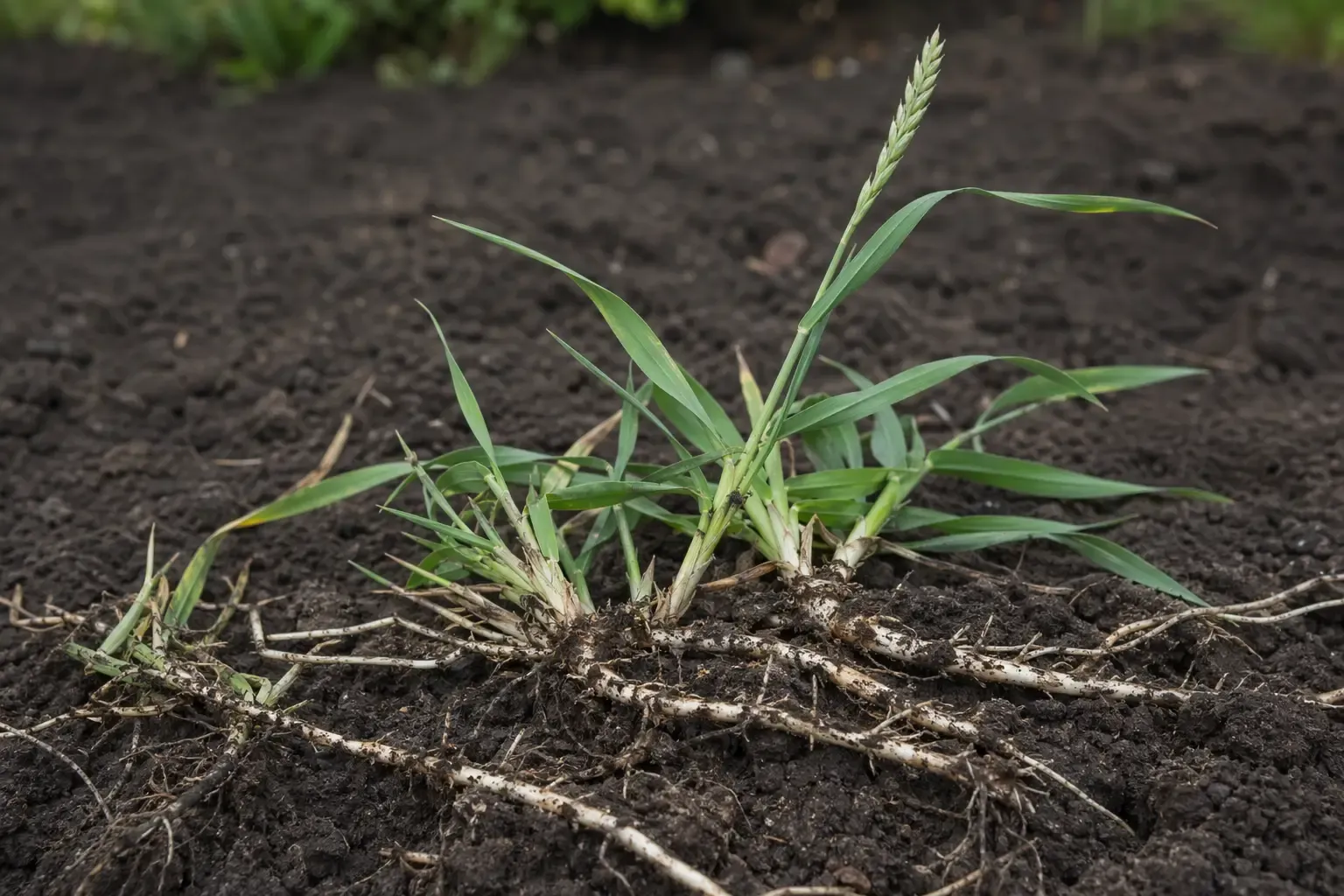Touffe de chiendent commun arrachée du sol montrant son réseau de rhizomes blancs traçants caractéristiques