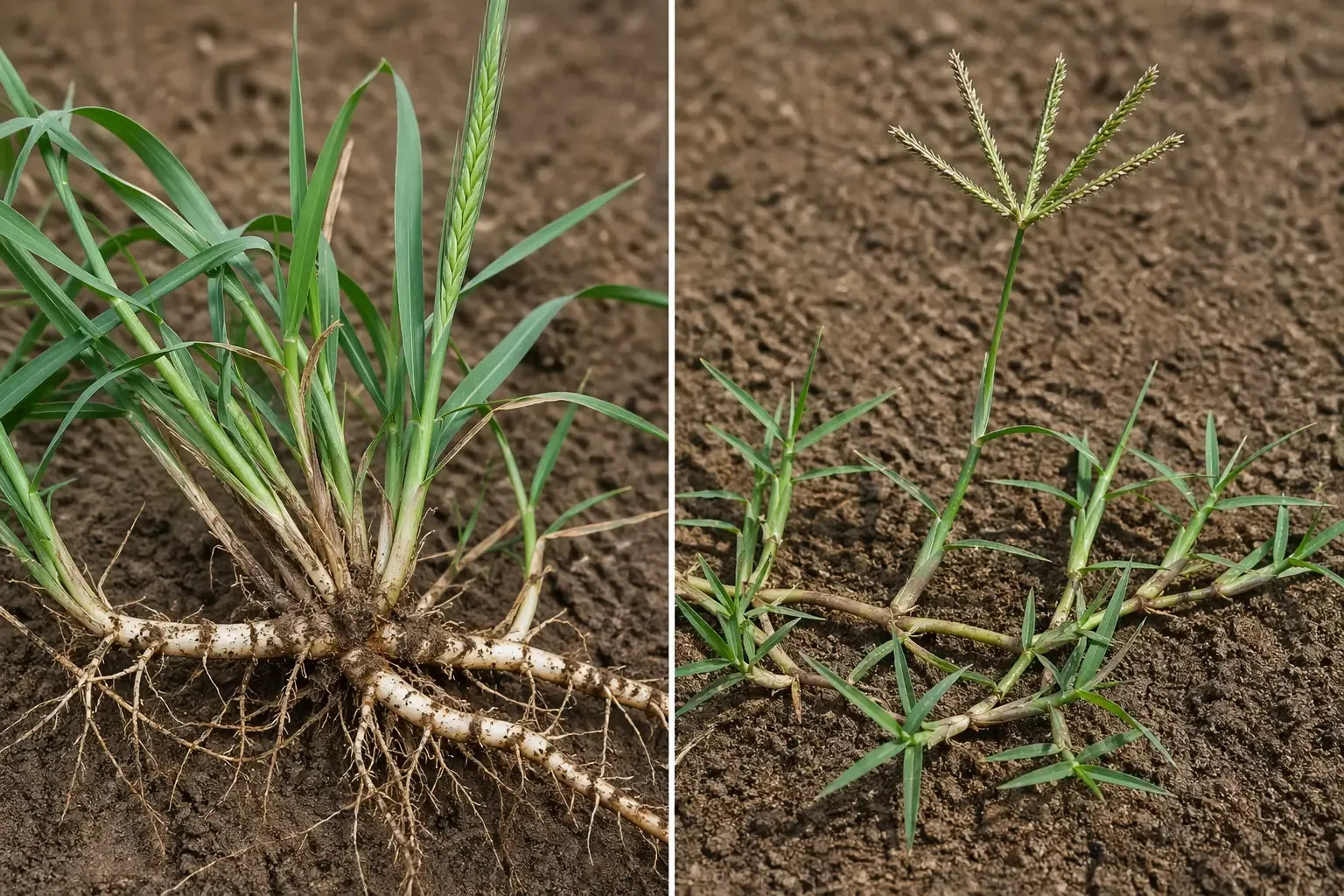 Comparaison côte à côte du chiendent commun à rhizomes blancs et du cynodon dactylon stolonifère