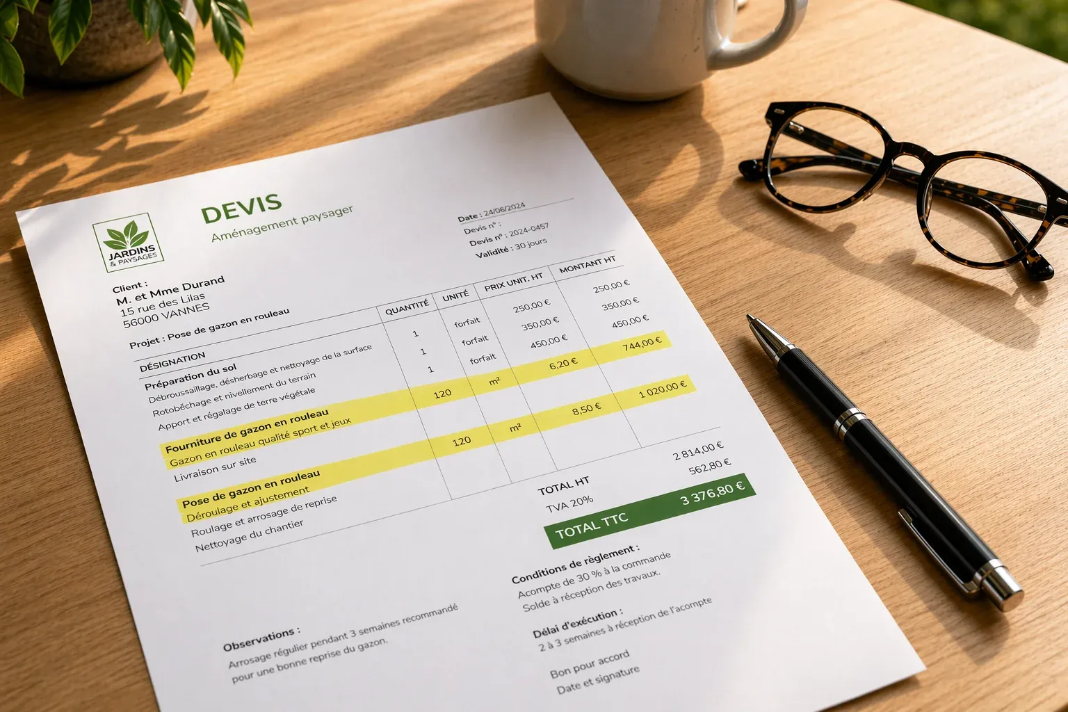 Devis de paysagiste gazon annoté avec les 6 postes clés entourés