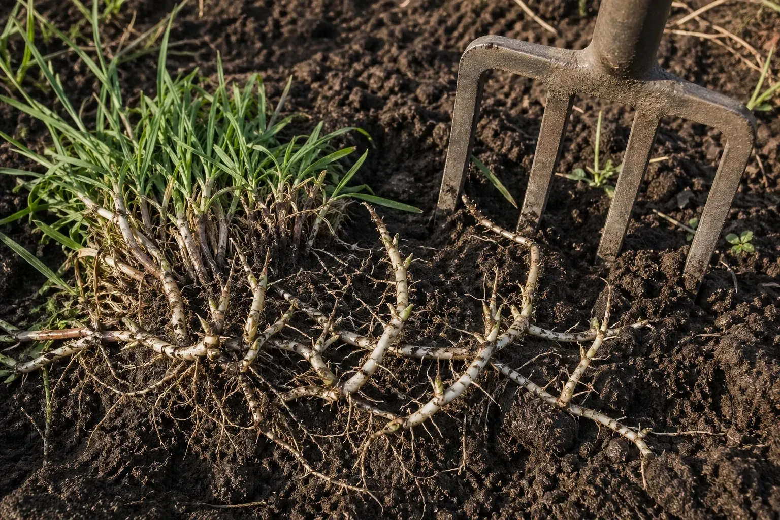 Touffe de chiendent commun arrachée à la fourche-bêche montrant le réseau de rhizomes blancs intact
