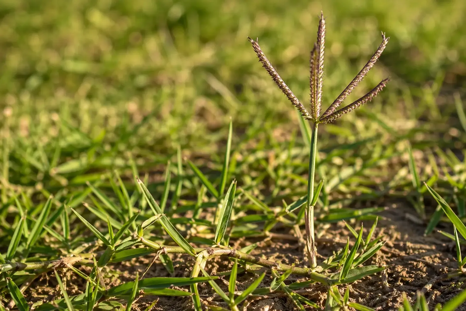 Plant de cynodon dactylon en pelouse méditerranéenne avec stolons rampants en surface et épis en doigts rayonnants