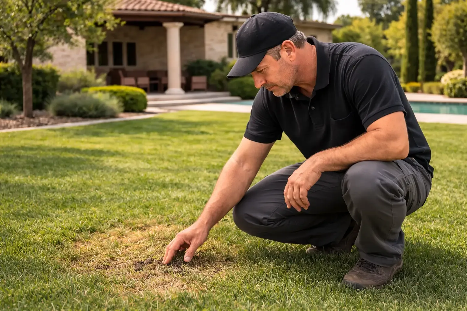 Inspection de pelouse et analyse du sol dans un jardin résidentiel