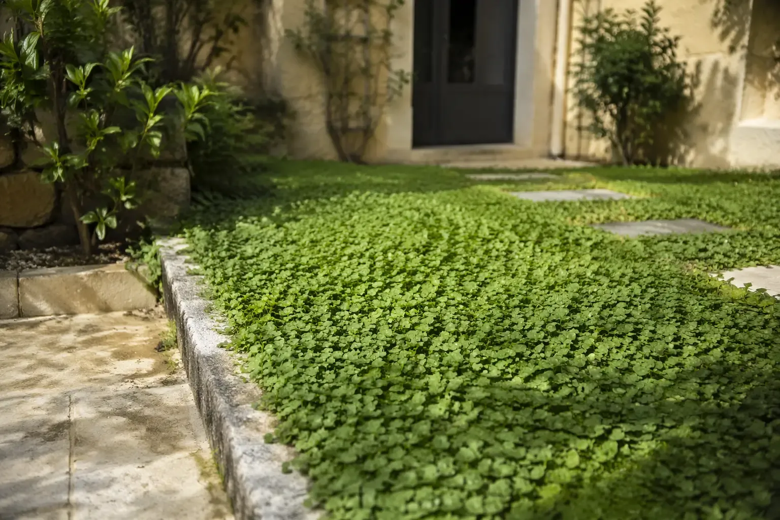 Tapis dense de Dichondra repens en petites feuilles rondes vertes sans tonte