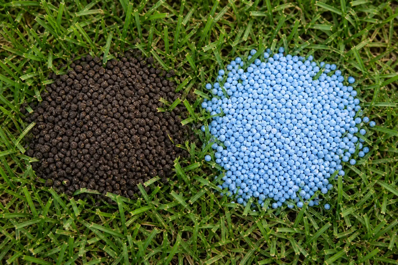 Comparaison de granulés d'engrais organique brun foncé et de granulés d'engrais minéral bleu clair posés côte à côte sur une pelouse