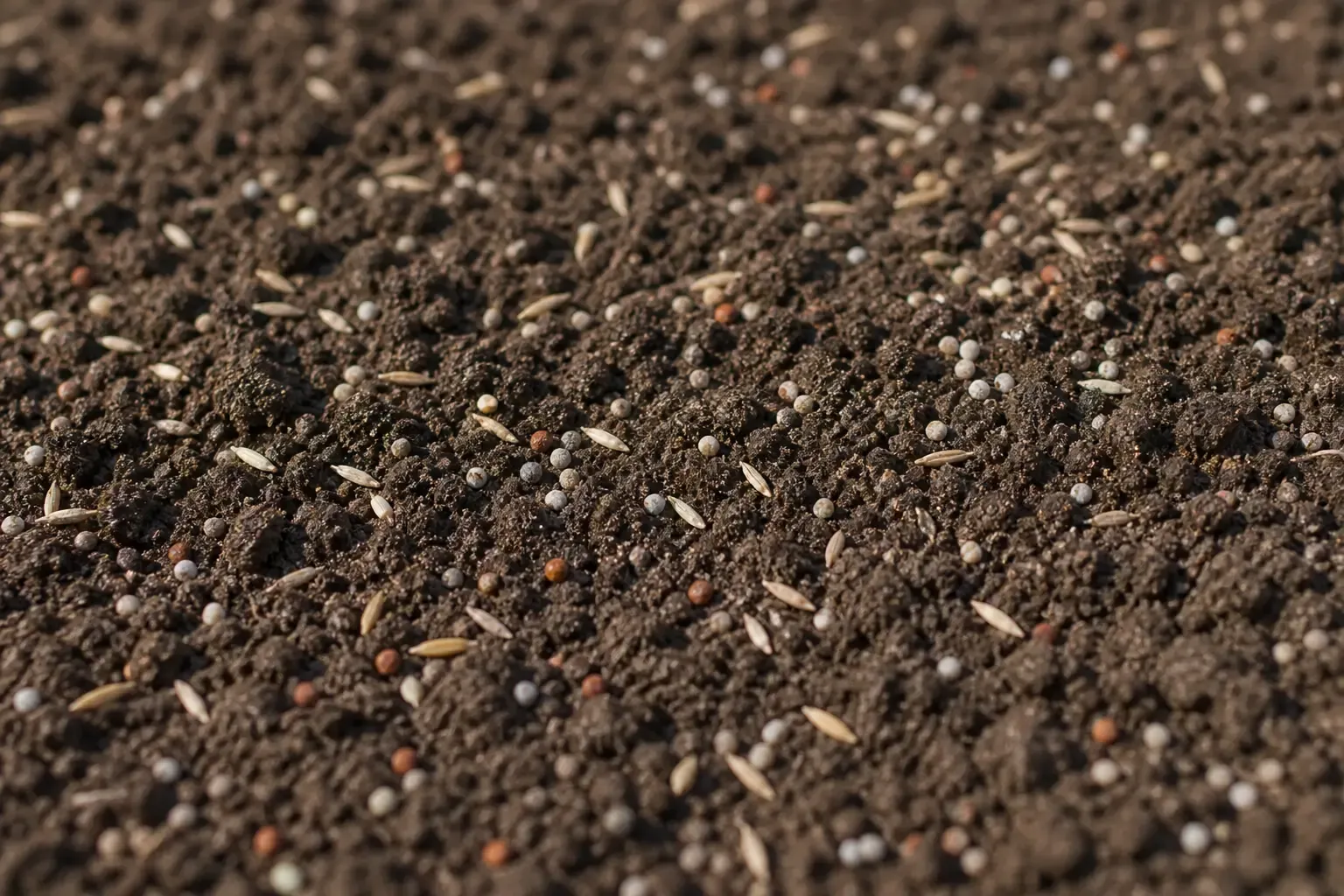 Granulés d'engrais starter incorporés à la surface d'un sol fraîchement préparé pour un semis de gazon