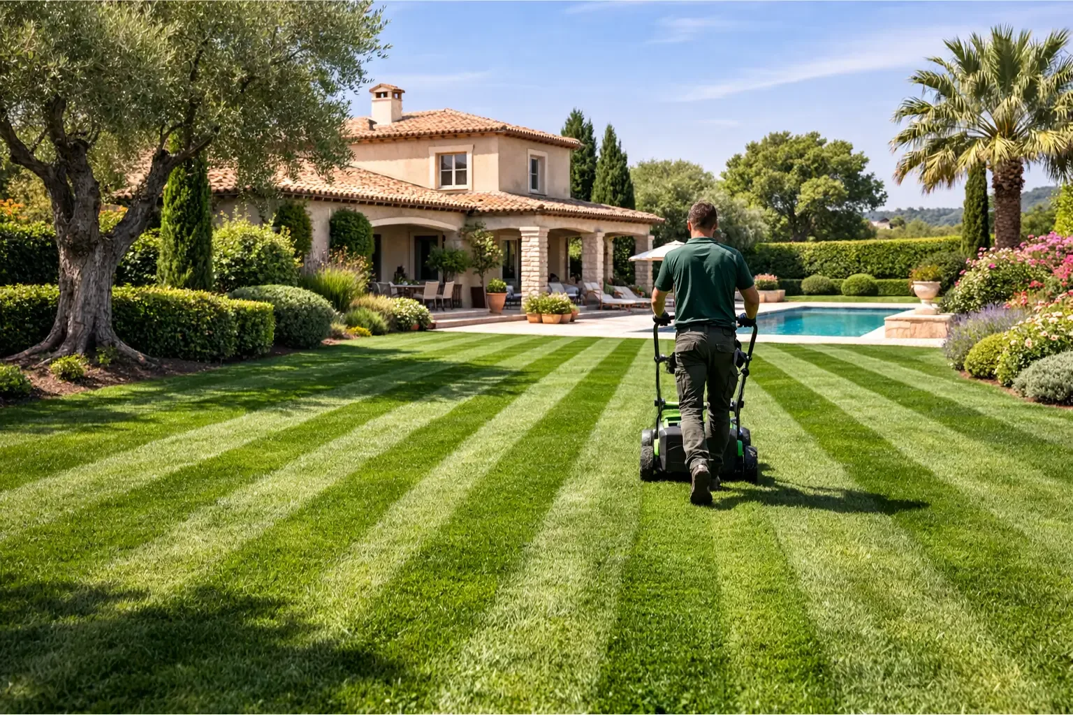 Entretien du gazon dans un jardin privé avec rendu net et soigné