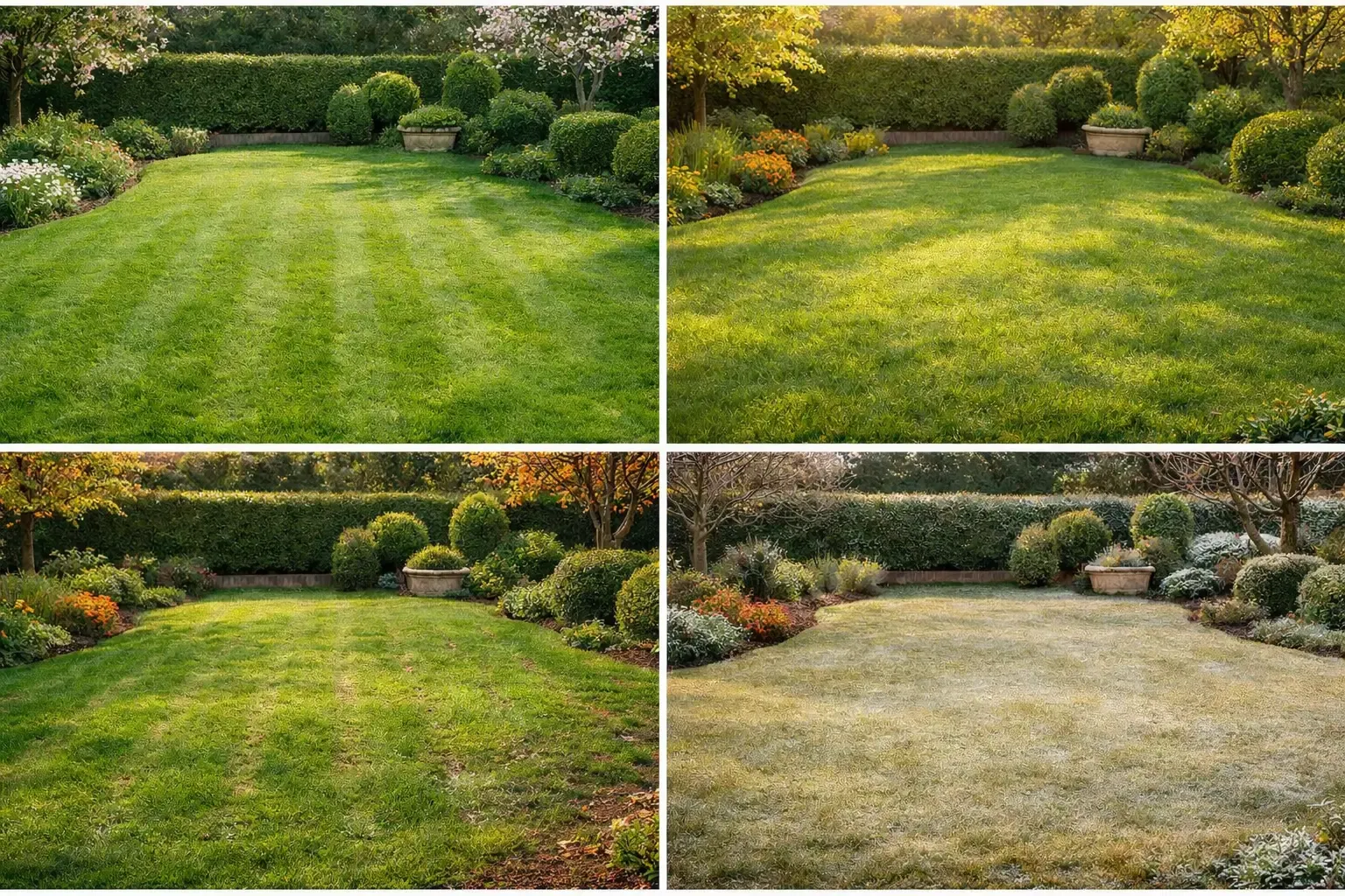 Pelouse entretenue au fil des quatre saisons : printemps, été, automne et hiver