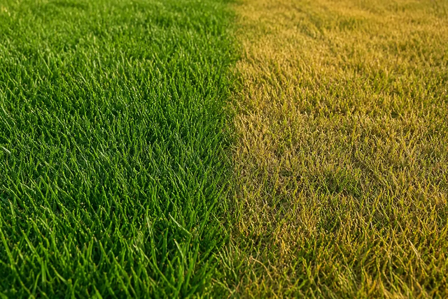 Pelouse contrastée avec zone bien hydratée et zone légèrement plus sèche illustrant l'effet de la fréquence d'arrosage