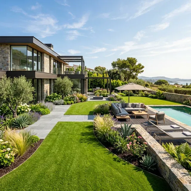 Vue d'ensemble d'un jardin paysager avec pelouse haut de gamme accompagné par AP Gazon