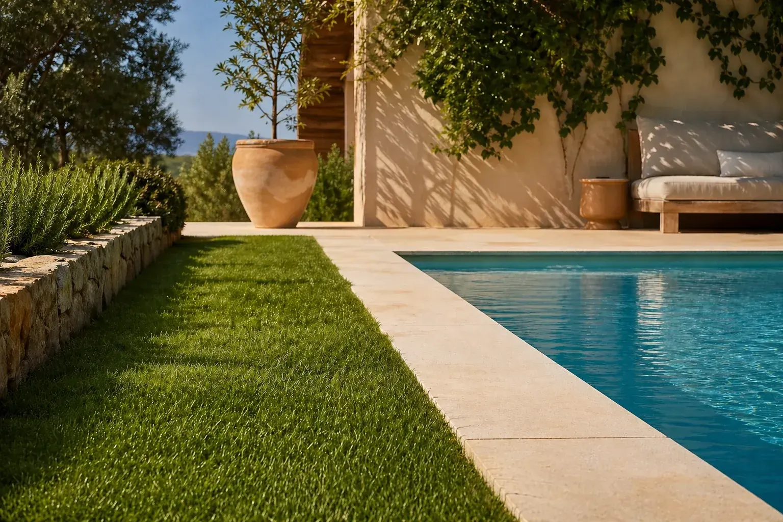 Tour de piscine avec bande de gazon vert dense bordant des margelles claires sous un soleil d'été