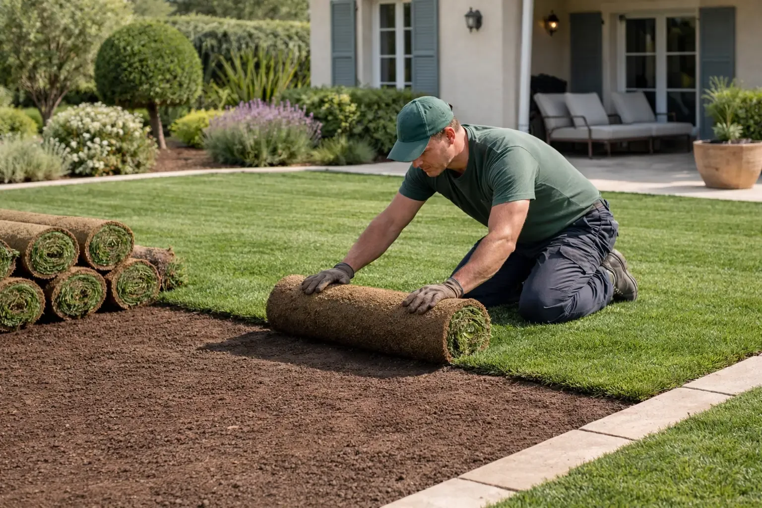 Pose de gazon en rouleau dans un jardin privé haut de gamme