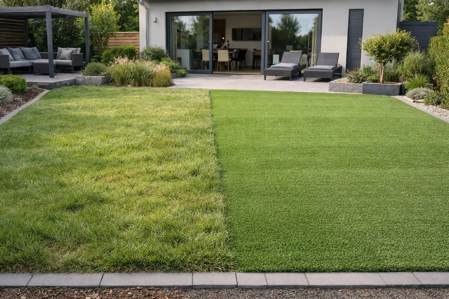 Comparaison côte à côte d'une pelouse naturelle dense et d'un gazon synthétique premium dans un jardin résidentiel