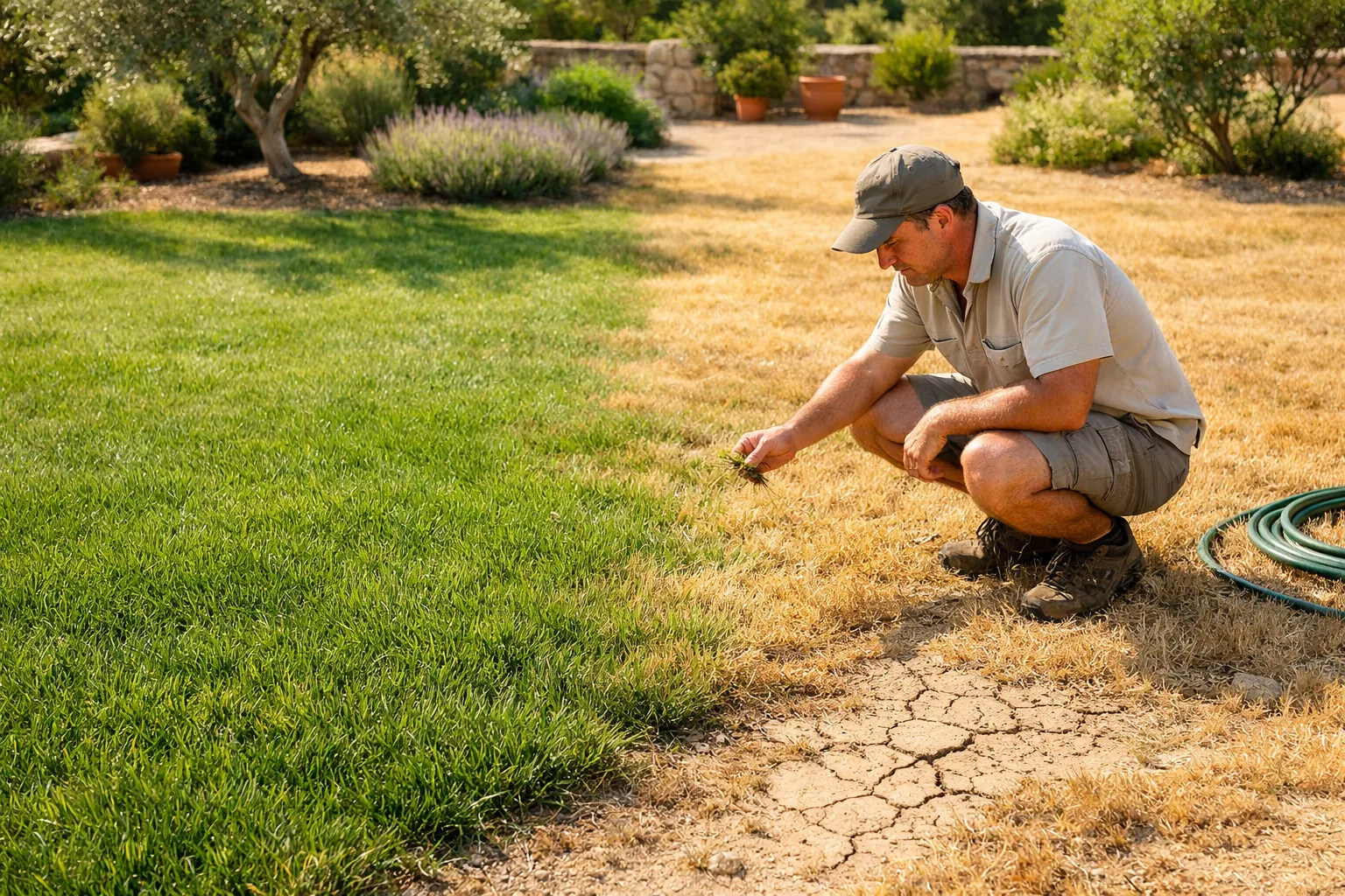 Examen d'un jardin méditerranéen ensoleillé pour illustrer le choix d'un gazon résistant à la sécheresse