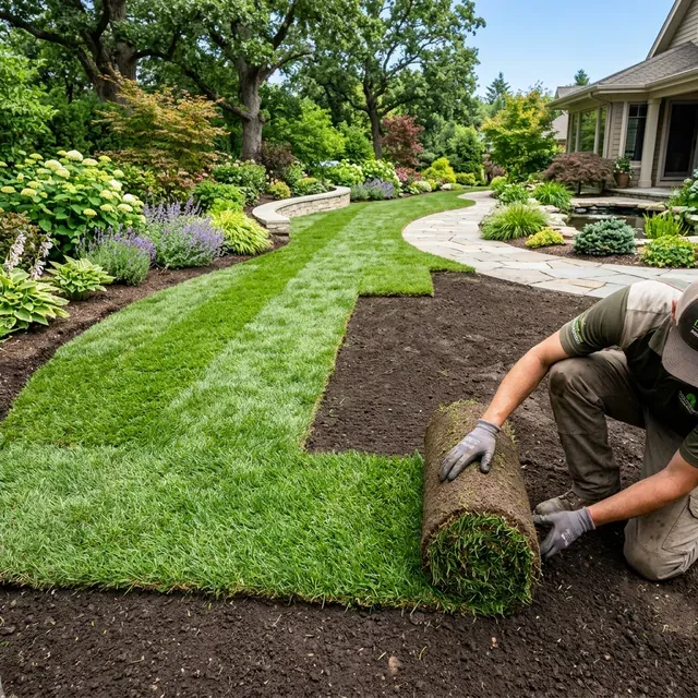 Pose de gazon en rouleau dans un jardin résidentiel avec finitions soignées