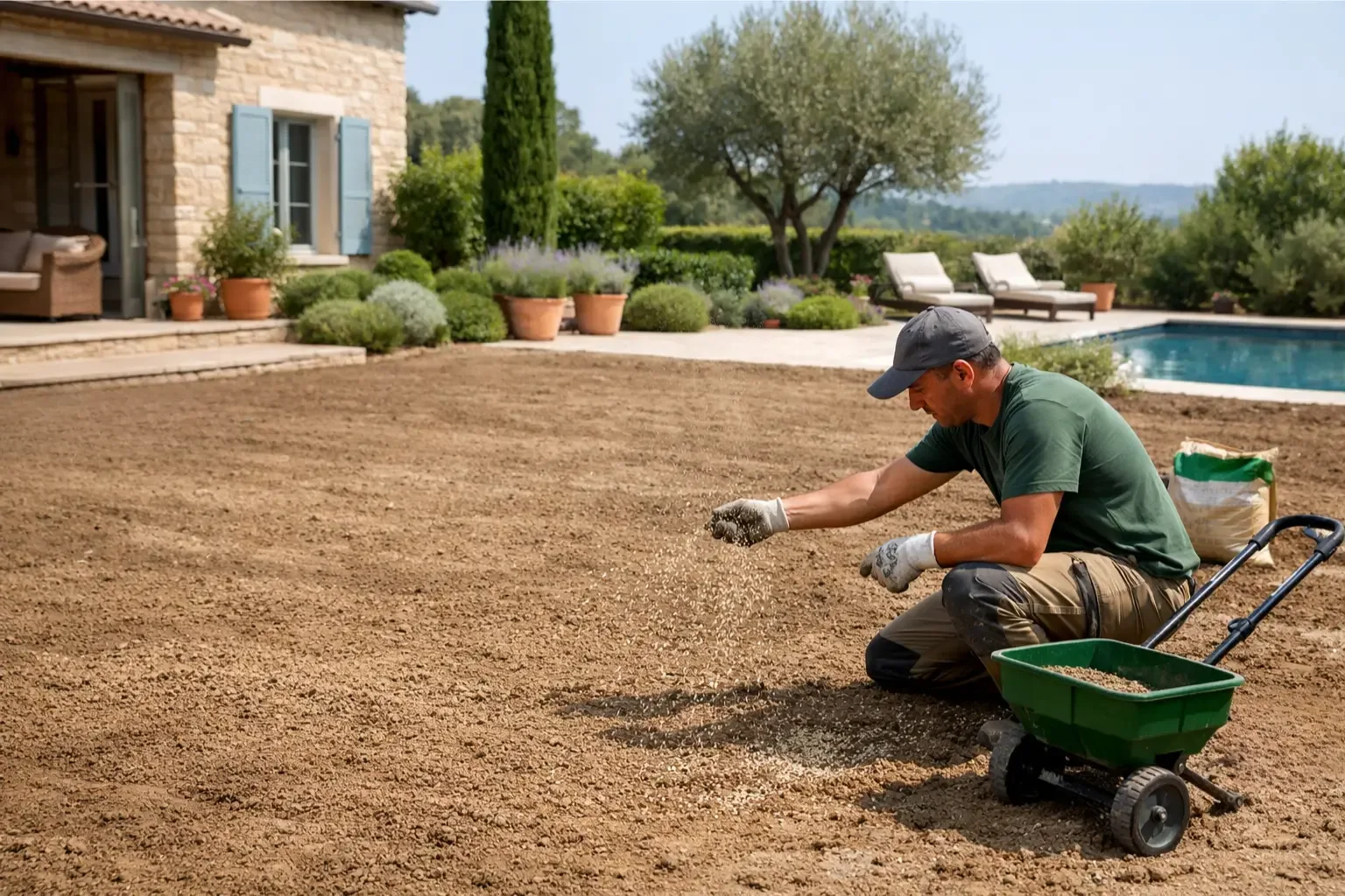 Préparation du terrain avant semis dans un jardin privé