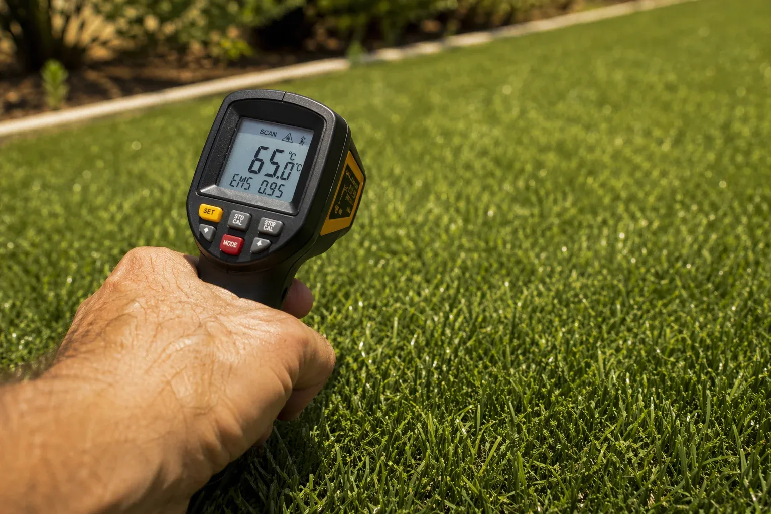 Thermomètre infrarouge mesurant la température d'un gazon synthétique en plein soleil