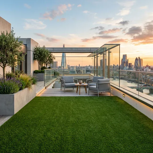 Installation de gazon synthétique premium sur terrasse ou dans un jardin résidentiel