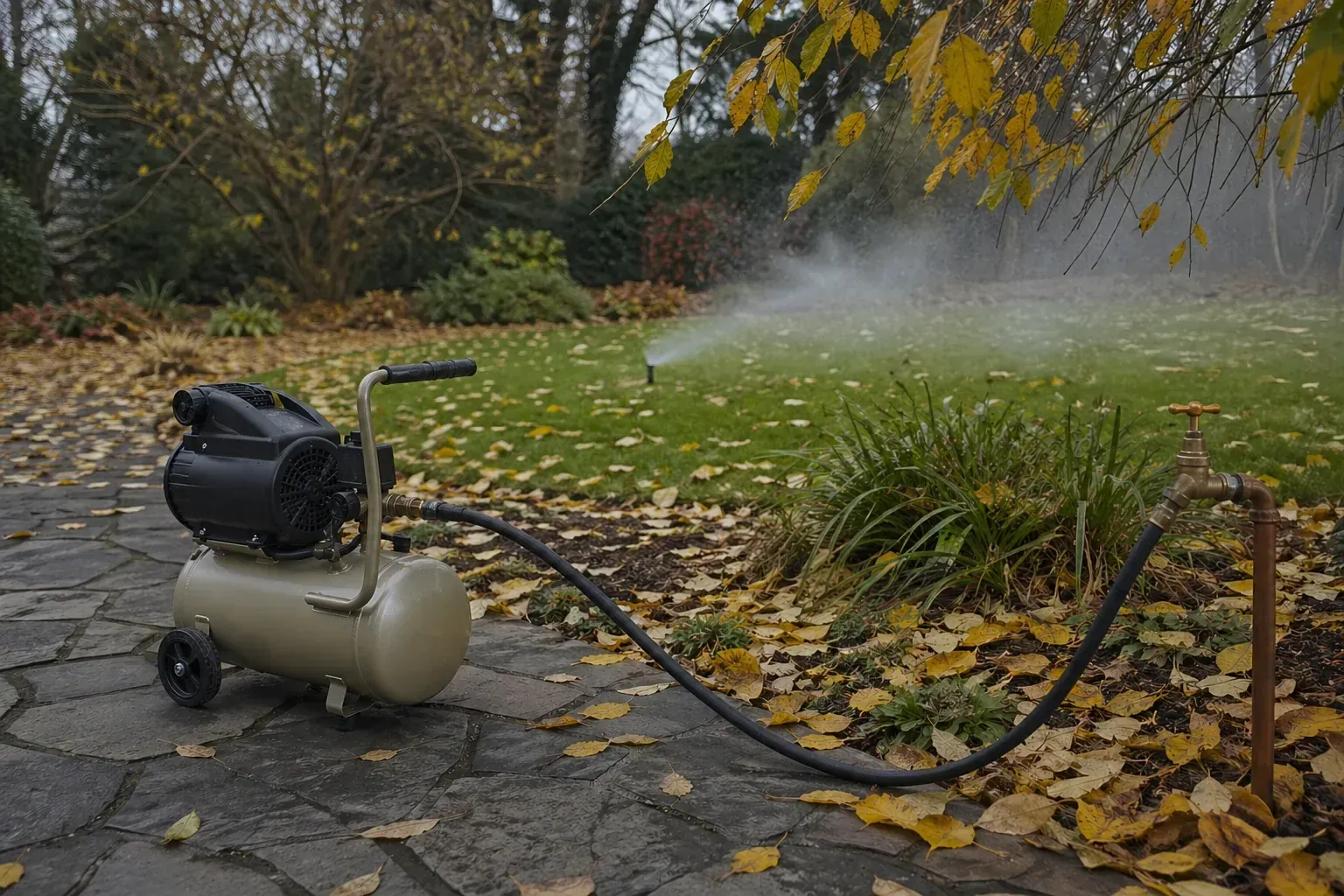 Compresseur raccordé à un arrosage automatique enterré pendant la purge à l'air des canalisations avant l'hiver