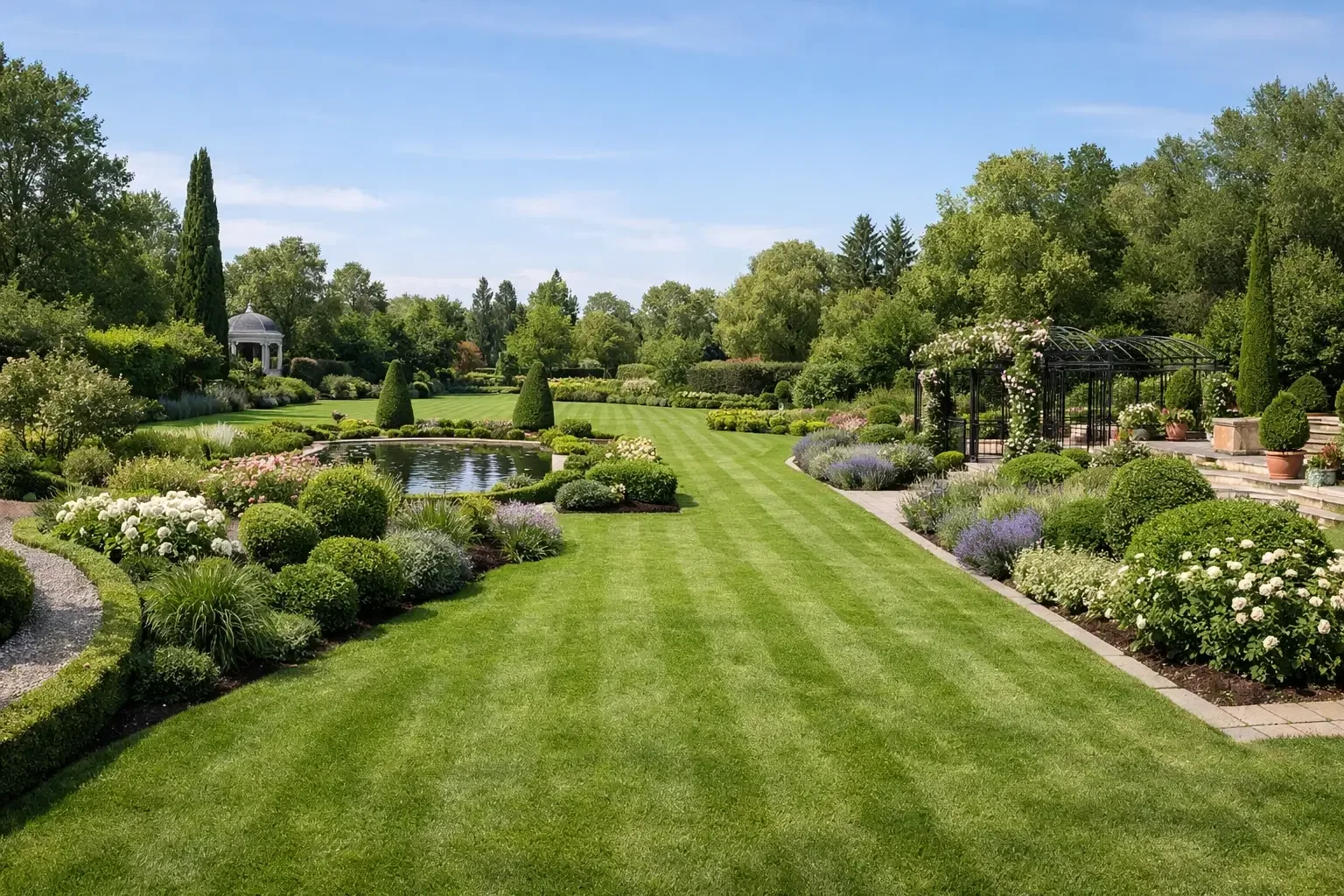 Grand jardin paysager avec pelouse haut de gamme dans le département de l'Ain (01)