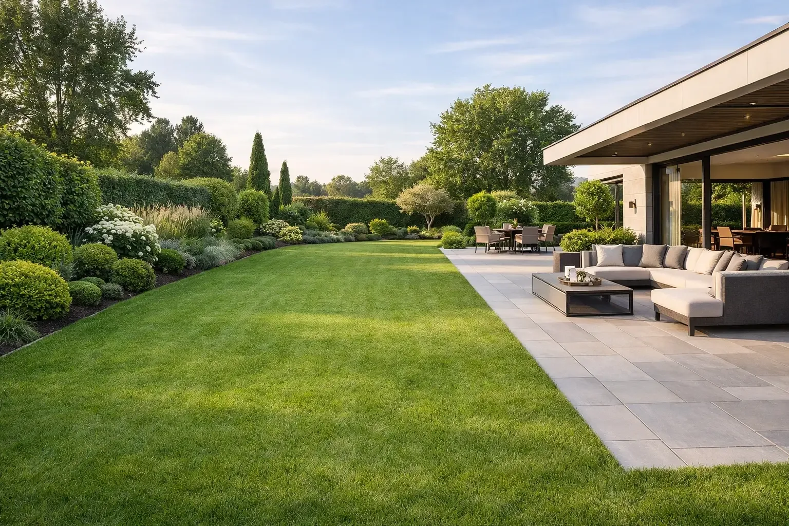 Jardin résidentiel avec pelouse premium et terrasse contemporaine dans le département de l'Ain (01)