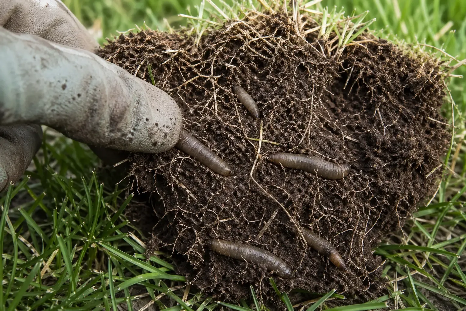 Larves de tipules gris-brun coriaces révélées sous une plaque de gazon retournée, parmi les racines et la terre