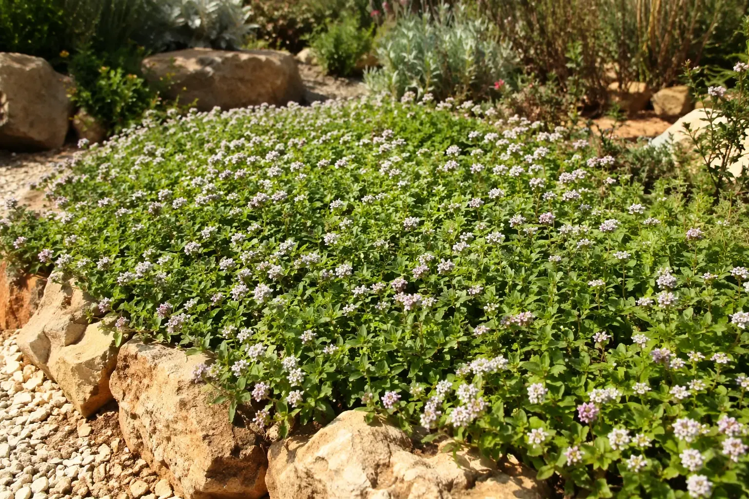 Couvre-sol de Lippia nodiflora en pleine floraison blanc rosé mellifère