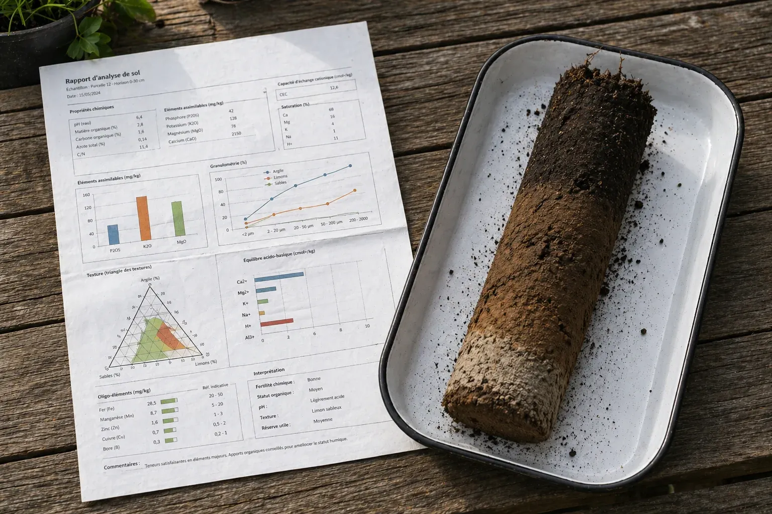 Rapport d'analyse de sol agronomique posé sur une table avec une carotte de sol prélevée à la tarière à côté