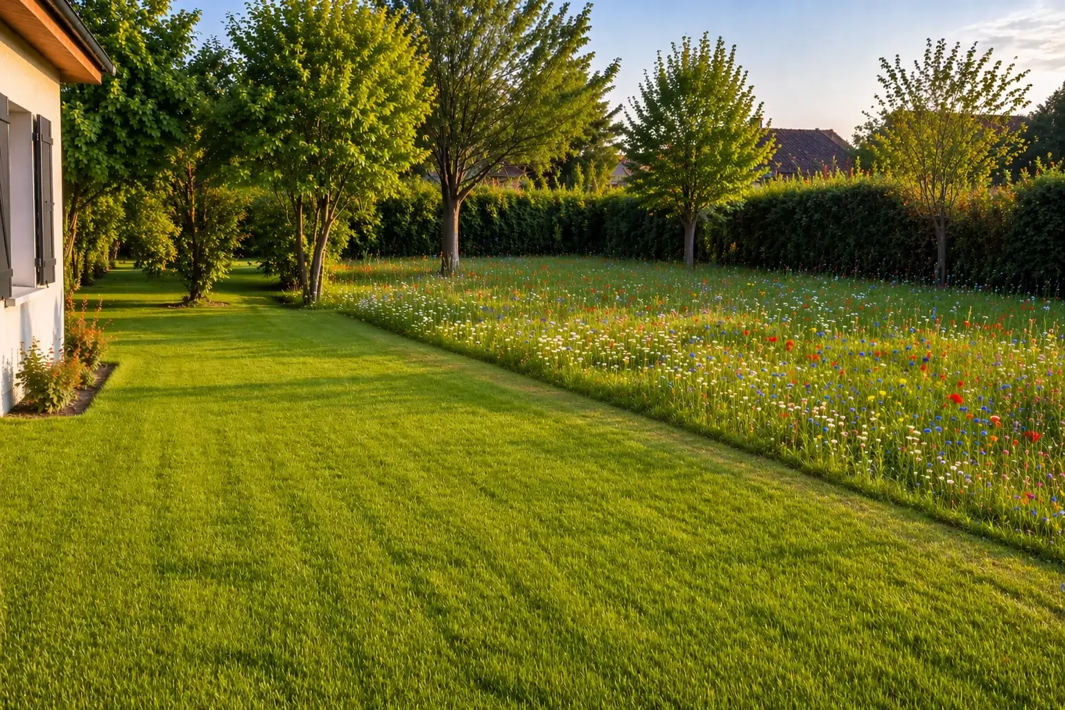 Mini-prairie fleurie en pleine floraison estivale, alternative au gazon classique
