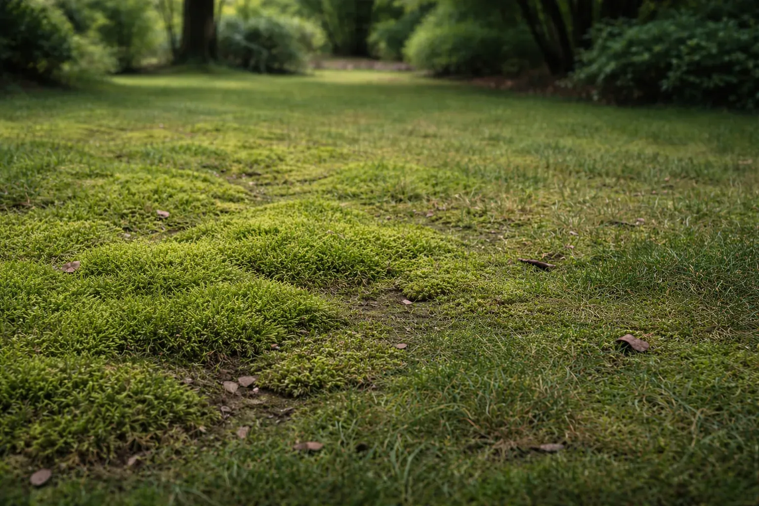 Pelouse envahie de mousse en surface signalant un sol acide, compact ou trop ombragé