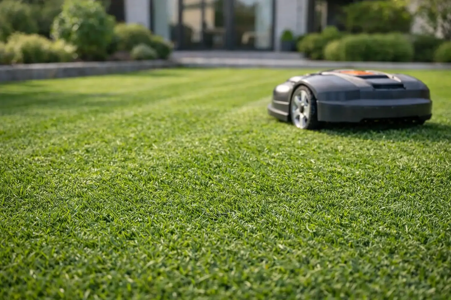 Pelouse fraîchement tondue en mulching avec fines coupes d'herbe visibles à la surface