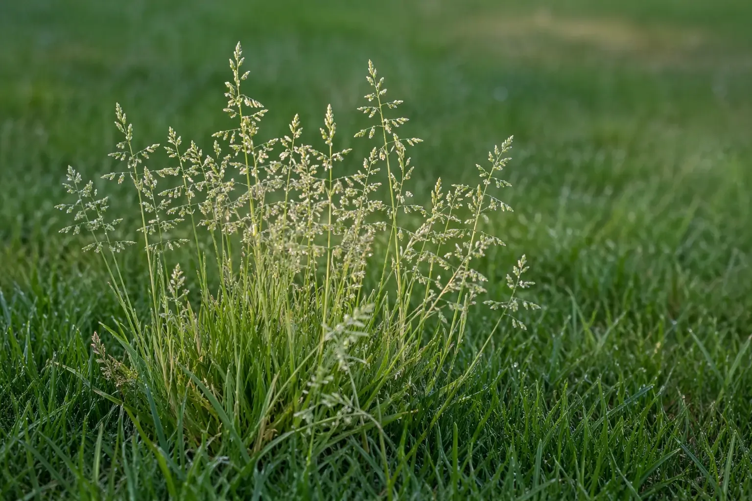 Touffe de pâturin annuel Poa annua en fleur dans une pelouse, panicules blanchâtres caractéristiques