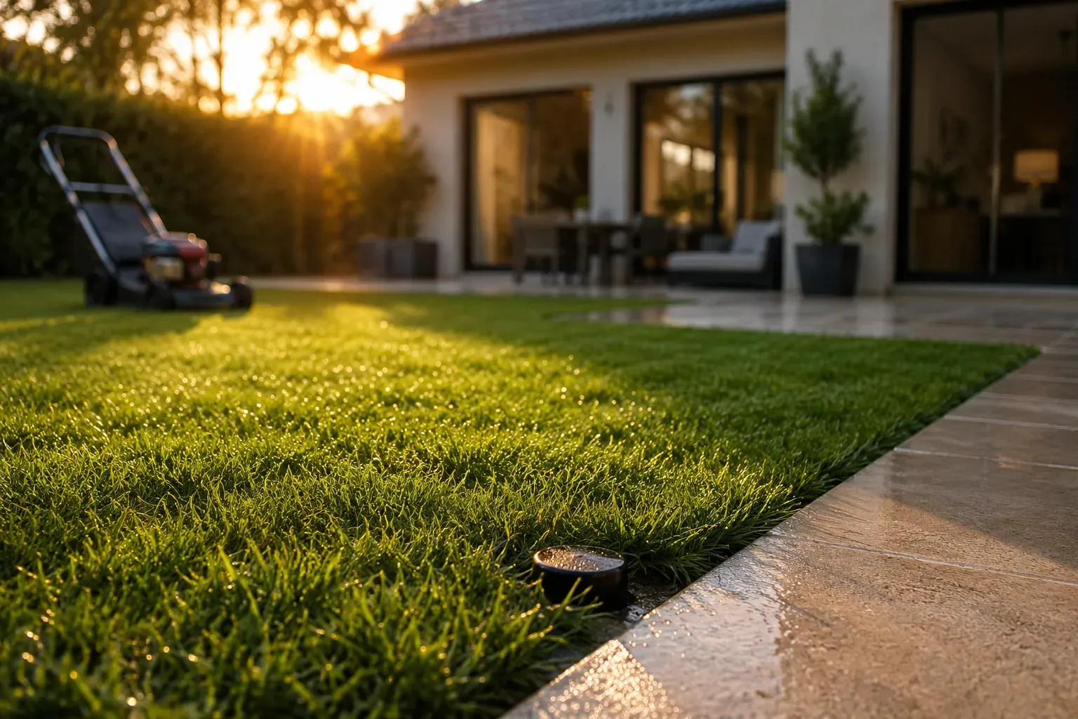 Comparaison entre une pelouse naturelle et une pelouse synthétique dans le même jardin