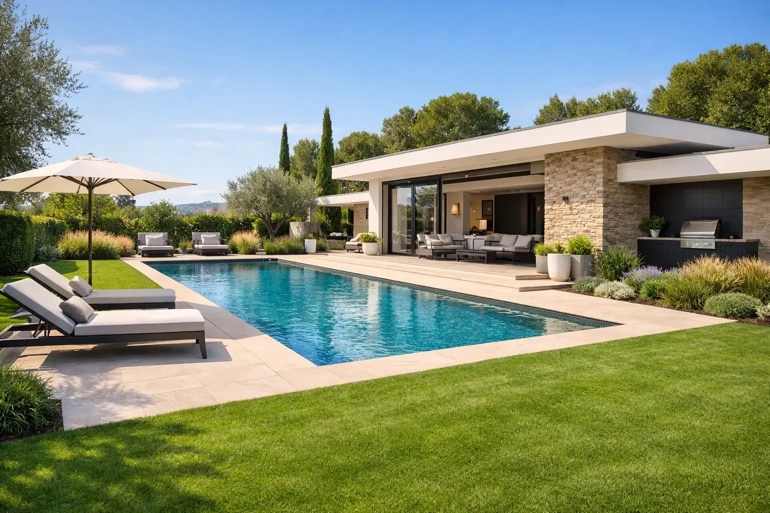 Pelouse premium autour d'une piscine et d'une villa à Hyères