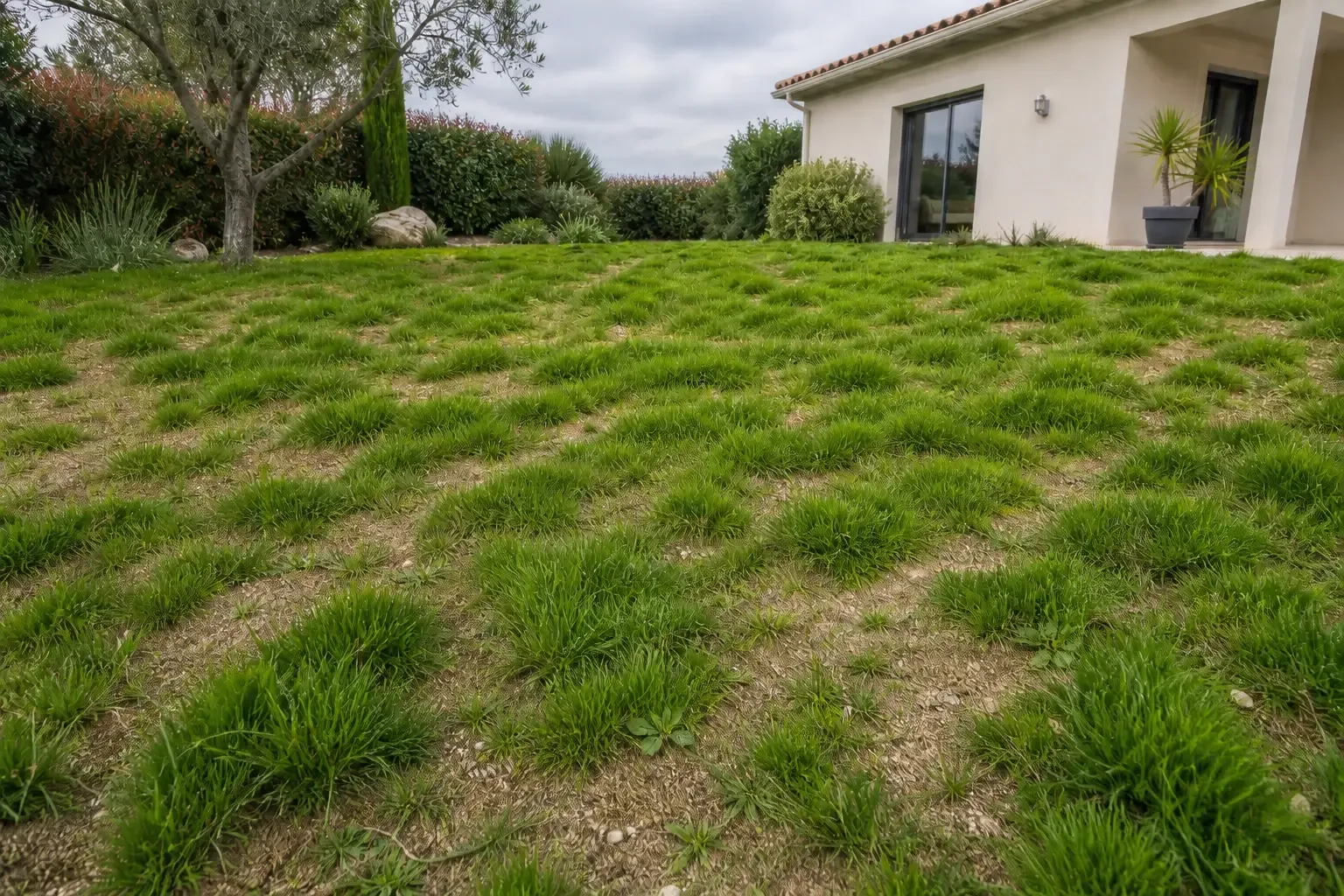 Pelouse à pousse irrégulière avec alternance de touffes denses et de zones clairsemées laissant voir le sol