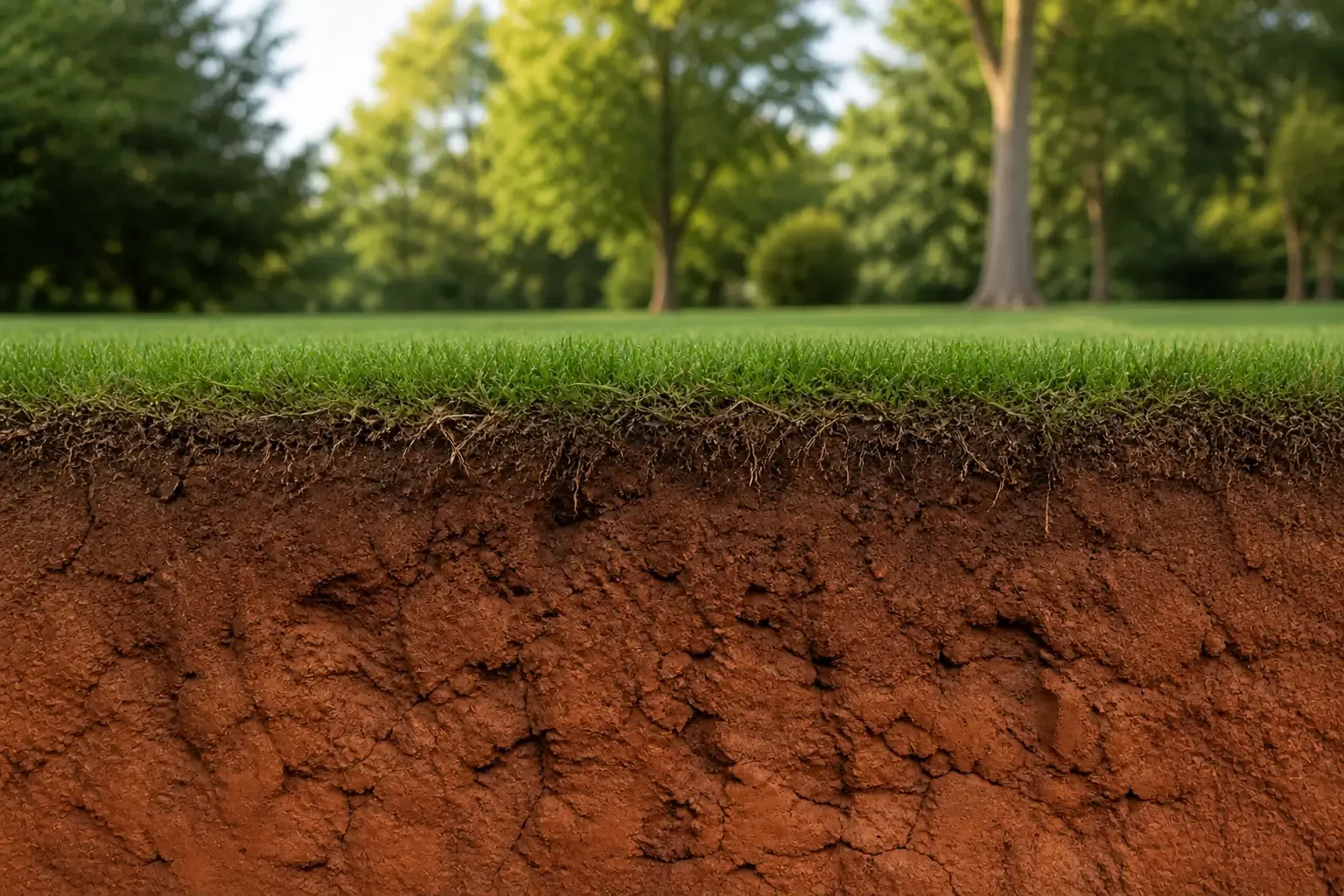 Coupe verticale dans une pelouse sur sol argileux montrant la couche d'argile lourde sous la surface et les racines courtes du gazon