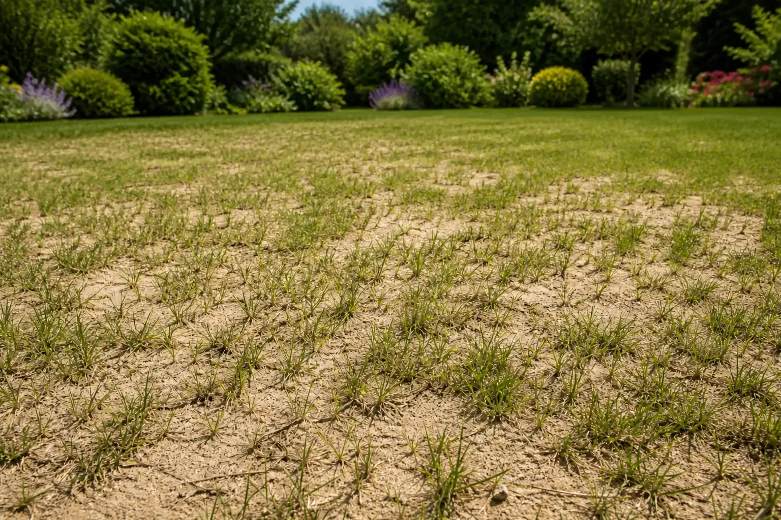 Pelouse sur sol sableux montrant des brins clairsemés et un sol filtrant visible entre les graminées en plein été