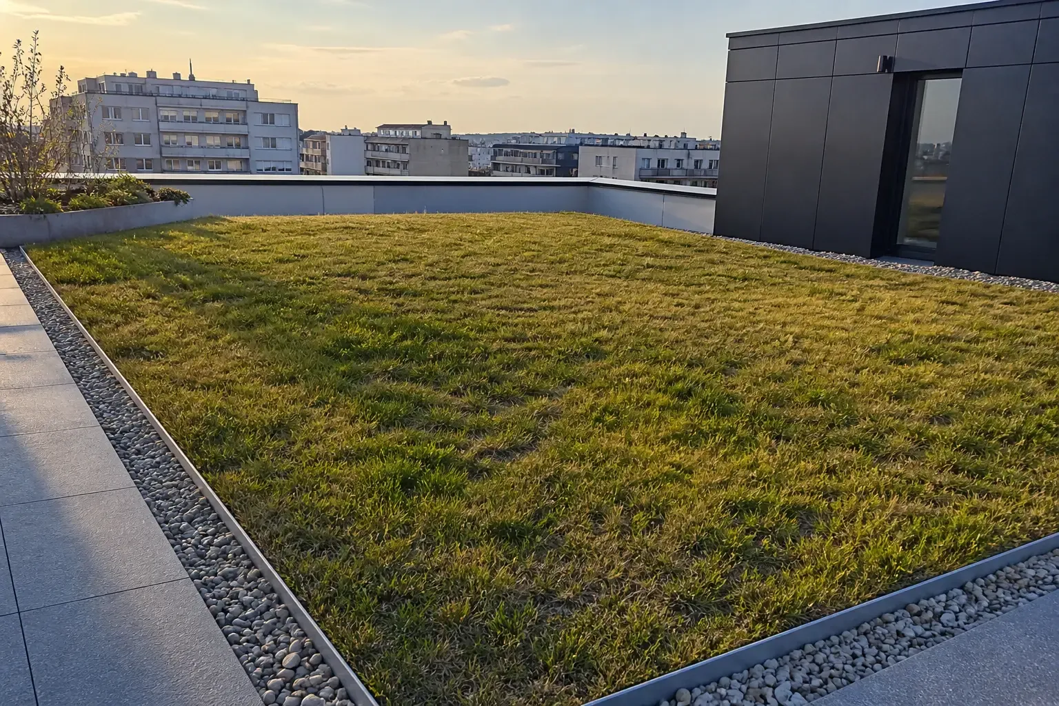 Toit-terrasse végétalisé avec sédums, graminées rustiques, substrat technique et bordures métalliques