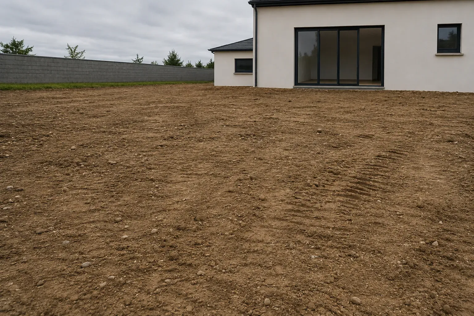 Sol nu et compacté après chantier de construction avec traces de roues d'engin