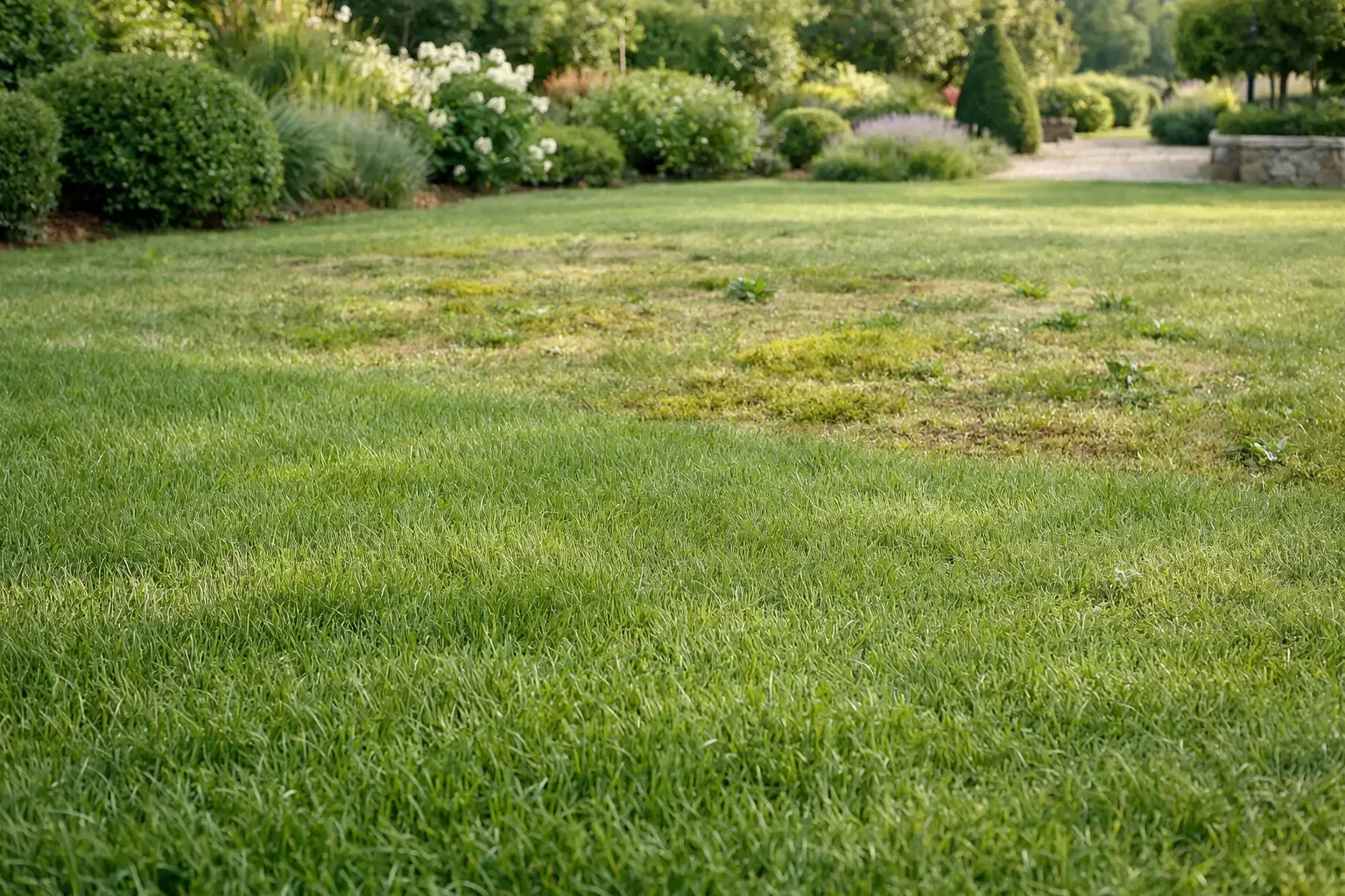 Pelouse entretenue sans produits phytosanitaires avec zones de mousse et adventices à corriger