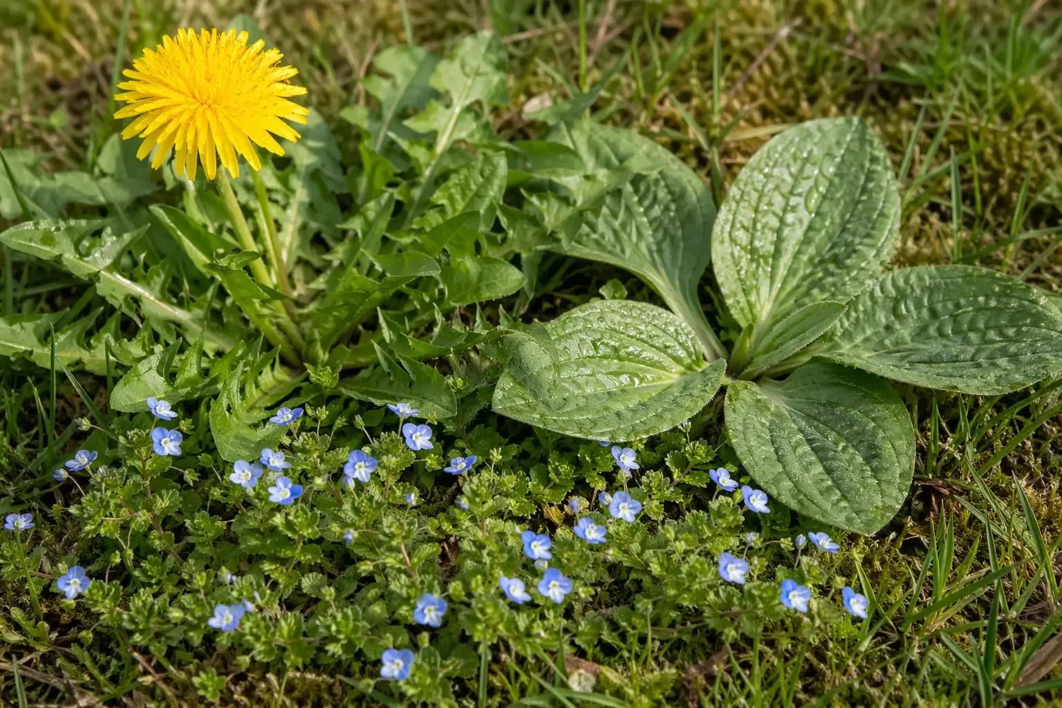 Trois adventices dicotylédones en pelouse : rosette de pissenlit jaune, plantain majeur à feuilles larges et véronique à fleurs bleues