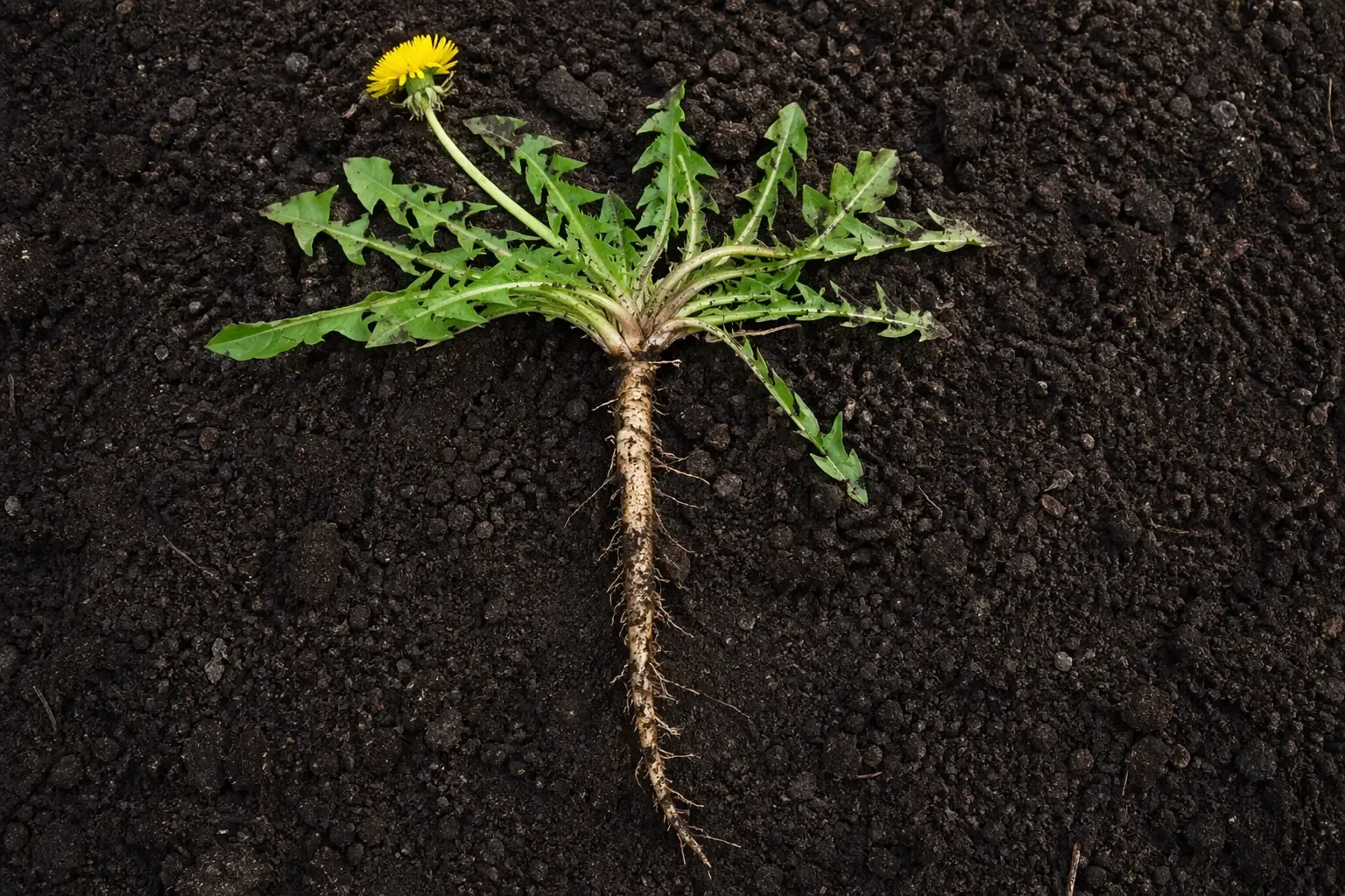 Pissenlit en pleine floraison en pelouse, capitule jaune vif et rosette de feuilles dentées caractéristiques