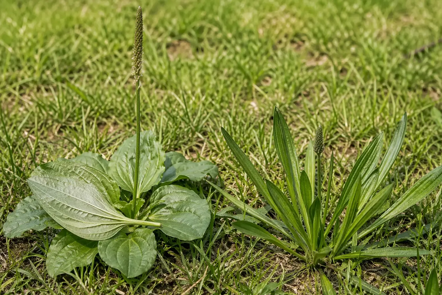 Comparaison du plantain majeur à feuilles larges ovales et du plantain lancéolé à feuilles étroites en forme de lance